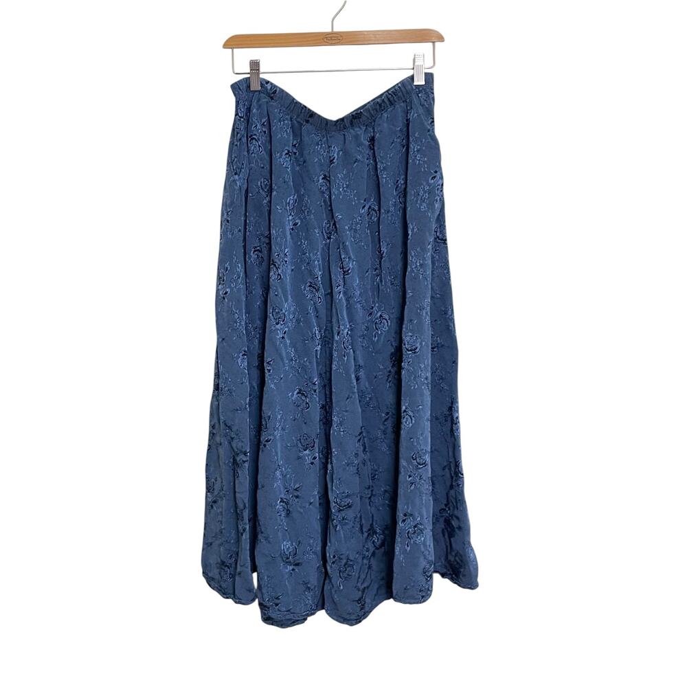 CP SHADES Blue Floral Brocade 100% Rayon Pull on Elastic Waist Midi Skirt Size M
